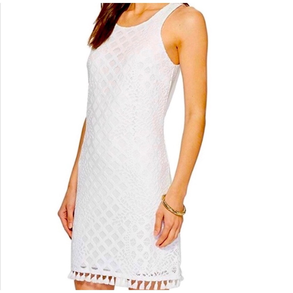 Lilly Pulitzer White Geometric Lace Tassel Hem Sleeveless Shift Dress XS